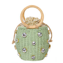 Bolso redondo de mimbre con perlas de diamante, bolsa bohemia de paja para ocio, Cubo de tejido de hombro, bandolera de playa con cuentas, verano 2020 2024 - compra barato