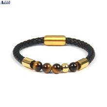 Ailatu Stainless steel Leather Bracelets with 8mm Natural Tiger Eye Stone Men Women Gift Accessories Jewelry 2024 - купить недорого