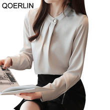 Blusa ol elegante com manga comprida, camisa de cetim feminina lisa coreana nova camisa branca de chiffon plus size 2020 2024 - compre barato