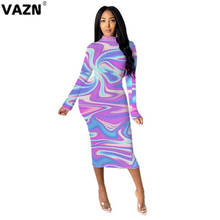 VAZN 2020 Hot Sales Soft Elastic Daily Sexy Parity Joker Turtleneck Full Sleeve Women High Waist Thin Midi Dress 2024 - buy cheap