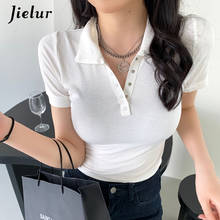 Jielur camiseta feminina branca, slim, sexy, manga curta, gola virada para baixo, estilo coreano, botões, camisetas para mulheres, verão 2024 - compre barato