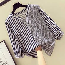 2021 Summer New Fashion Women Three Quarter Sleeve Striped V Neck Blouses Tops Casual Ladies Loose Shirts Tops  Q470 2024 - buy cheap