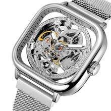 Forsining-relojes mecánicos automáticos para hombre, reloj de pulsera de esqueleto cuadrado, banda de acero de malla delgada, reloj analógico 2024 - compra barato
