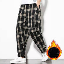 Pantalones bombachos a cuadros para hombre, pantalón holgado de lino transpirable, informal, de cintura media, estilo Harajuku, Hip Hop 2024 - compra barato