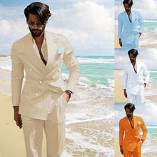 Мужской костюм из 2 предметов, бежевый льняной пляжный двубортный Блейзер, облегающий пиджак для жениха, лучший мужской свадебный смокинг, брюки, лето 2021 2024 - купить недорого