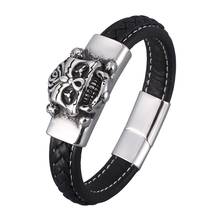 Preto trançado pulseira de couro masculino punk jóias aço inoxidável crânio ímã fecho pulseira presente aniversário para o amigo menino sp0896 2024 - compre barato