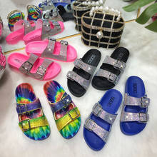 Zapatillas coloridas de moda para mujer, sandalias de playa informales con doble hebilla de diamantes de imitación, chanclas de lentejuelas 2024 - compra barato