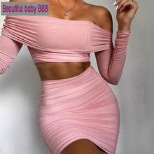 Meqeiss 2020 New Autumn Mesh Draped Women Sets Off Shoulder Long Sleeve Crop Top and Skirts 2 Piece Set Outfit Matching Sets 2024 - buy cheap