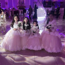 Белые платья с длинными рукавами для девочек, держащих букет невесты на свадьбе; Пышное Бальное платье из тюля с аппликацией; платья для первого причастия для маленьких девочек 2024 - купить недорого