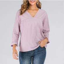 Blusa informal de lino y algodón para mujer, camisa de media manga con cuello en V, ropa para Parte Superior Femenina 2024 - compra barato