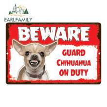 EARLFAMILY-pegatina de aluminio para coche, 13x8,5 cm, Beware Guard, Chihuahua, Dog On Duty, señal de Metal, estilo de coche, novedad 2024 - compra barato