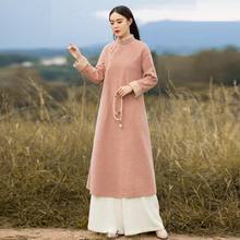 Женское шерстяное платье-халат, винтажное платье в китайском стиле с длинным рукавом и воротником-стойкой, модель FF3037 на зиму, 2021 2024 - купить недорого