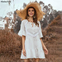 KHALEE YOSE White Summer Dress Women Mini Dresses Flare Sleeve Tie Up Layer Tassels Ruffles Casual Chic Streetwear Dress 2020 2024 - buy cheap