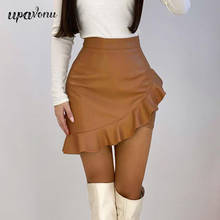 Free Shipping 2021 New Fashion PU Leather Skirt Women Elegant Slim High Waist Ruffle Skirt Club Party Pure Color Mini Skirt 2024 - buy cheap