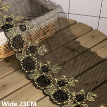Exquisita cinta de flecos bordada de 23CM de ancho, malla negra y dorada, flores 3D, Collar de encaje, cortinas de recorte, decoración de costura 2024 - compra barato