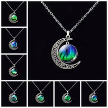 Green Natural Northern Lights Photo Round Crescent Moon Necklace Glass Cabochon Dome Jewelry Metal Handmade Pendant Gift 2024 - buy cheap