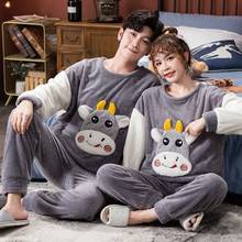 Conjunto de pijama de flanela feminino, conjunto de roupas de dormir quente de manga longa para casal com desenho coral e veludo fofo para homens e mulheres, 2020 2024 - compre barato