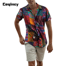 COQINCY Men Shirt Ethnic Short Sleeve Hawaiian Shirt Men Casual Cotton Linen Printing Button Blouse Top Shirts camisa masculina 2024 - buy cheap