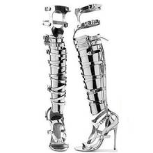 Mirror Shiny Leather Peep Toe Thigh High Boots Rome Sandals Women Peep Toe Hollow Out Over Knee Boots Lady Buckle Party Shoes 2024 - buy cheap