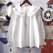 Camisa feminina de algodão estilo japonês, camisa branca de renda, estilo mori, para outono, blusa de manga longa com gola peter pan, novo, 2020 2024 - compre barato