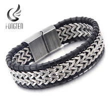 Fongten Mesh Stainless Steel Wide Chain Bracelet Braided Genuine Cowhide Leather Woven Rope Punk Bracelets with Magnet Clasp 2024 - buy cheap