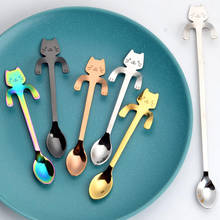 Cucharas de gato de dibujos animados de acero inoxidable, cucharilla bonita en forma de gato, helado creativo, postre de mango largo, cuchara de café y té, vajilla 2024 - compra barato