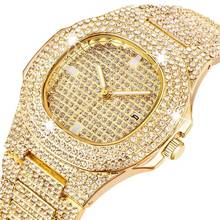 Novo relógio masculino de cristal cheio diamante dial relógio de pulso rosa ouro tira aço inoxidável banda reloj luxo homem relógios de pulso 2024 - compre barato
