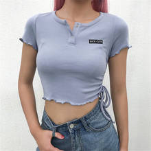 2020 Casual Women Blue T-Shirts Letter Short Sleeve Crop Tops Summer Stringy Selvedge Hem Tees Tops Female T-Shirts Cotton Tops 2024 - купить недорого