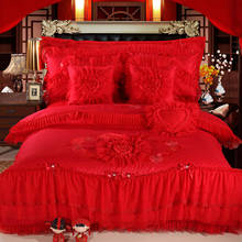 Conjunto de cama de renda king/queen luxuoso, 4/pçs, oriental, tamanho queen, vermelho, rosa, mancha, casamento, algodão, conjunto de capa de edredom 2024 - compre barato