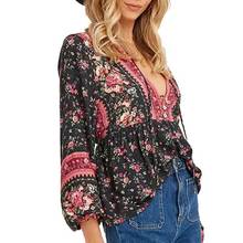 Boho black women vintage V-neck floral print casual long sleeve blouse women belt tied back chic plus size shirt women tops 2024 - buy cheap