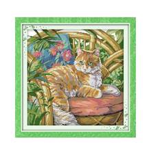 Joy Sunday Cross Stitch Kit Explore The Cat on The Chair 14CT 11CT Cross Stitch Printed Kits Handmade Embroidery Needlework Sets 2024 - buy cheap