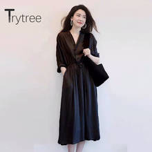 Trytree-suéter informal con cuello en V para mujer, vestido elegante de oficina con 2 colores, botones, línea A, cordón, 2020 2024 - compra barato