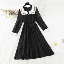 Новинка 2021, черное кружевное элегантное винтажное весенне-осеннее модное женское однобортное платье, облегающее платье с длинным рукавом, платья H1161 2024 - купить недорого