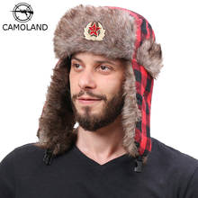 CAMOLAND-sombreros de bombardero con estampado a cuadros para hombre y mujer, gorra térmica de piel sintética con solapa para las orejas, insignia soviético, Rusia, Ushanka, Invierno 2024 - compra barato