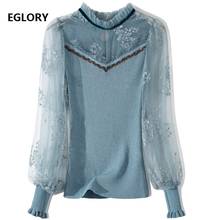 2021 Spring Autumn Fashion Sweaters & Pullovers Women Sexy Tulle Mesh Knitting Patchwork Long Sleeve Casual Blue Jumper Tops 2024 - buy cheap