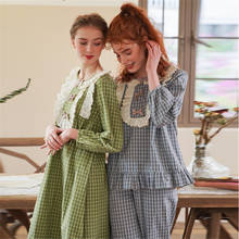 Pijama xadrez de algodão feminino, pijama xadrez de manga comprida, de algodão coreano, casual para casa, 2020 2024 - compre barato