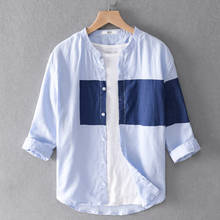 Camisa de linho e algodão de três quartos de manga moda masculina casual costura camisas azuis para homem gola superior masculino chemise 2024 - compre barato