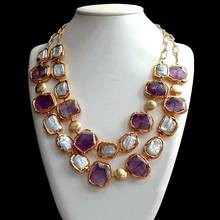 YYGEM 2strands natural Cultured White Keshi Pearl Amethyst faceted  Rectangle Gold Filled Edge Chain statement  Necklace 24" 2024 - buy cheap