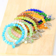 Popular Handmade Cat Eye Beaded Stretch Bracelets 10 Colors Natural Stone Leaf Charms Bracelets 5pcs/lot GB025 2024 - buy cheap
