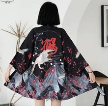 Guindaste flor de cerejeira impressão japonesa, casaco kimono harajuku mulheres preto yukata moda de rua tradicional haori roupa de praia 2024 - compre barato