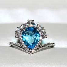 Anillo grande de circonita con corazón azul para mujer, joya de compromiso de boda, joyería de moda, Color plateado 2024 - compra barato