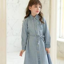Kids Girl Clothes Jeans Denim Button Dresses Long Sleeve Pocket Blouse Dresses Loose Girls Dress With Sashes Luxury Kids 2024 - buy cheap