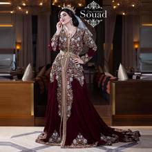 Роскошные мусульманские свадебные платья с кристаллами и бусинами вышивка с длинным рукавом бордовый велюр свадебное платье марокканский кафтан арабское платье 2024 - купить недорого