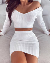 2020 Spring Fashion Women Sexy Casual Two-piece Set Suit Sets Bodycon Dress Ribbed Solid Off Shoulder Crop Top & Skirt Sets 2024 - buy cheap