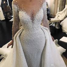 Vestido de novia de lujo con perlas grandes, cola desmontable, cuello recto, mangas largas, estilo árabe de talla grande 2024 - compra barato