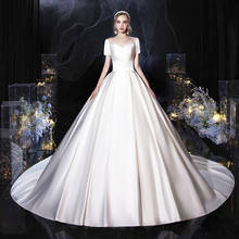 Vestido De Noiva 2022 New Luxury Satin With Train Wedding Dress Classic O Neck Short Sleeve Plus Size Princess Bridal Ball Gown 2024 - buy cheap