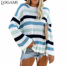 LOGAMI Striped Patchwork Sweater for Women Long Sleeve Flare Autumn Winter Pullover Woman Loose Casual Sweaters 2024 - buy cheap