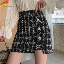 New 2020 Autumn Winter High Waist Woolen Mini Skirt Women Khaki And Black Plaid Skirts Buttons Elegant Casual A Line Skirt Women 2024 - buy cheap