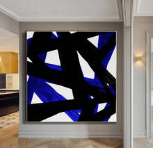 Abstract Geometric Oil Painting On Canvas Black And White Blue Minimalist Painting Canvas Art HAND PAINTED Original Art 2024 - buy cheap