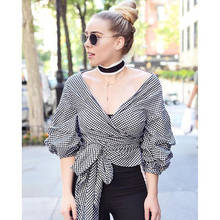 New Sexy Off Shoulder Women Blouses Shirt Puff Sleeve Deep V-Neck With Sash Female Plaid Shirt Summer Strappy Sashes Short Top 2024 - buy cheap